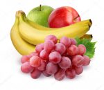 Handful of berries and fruits isolated on white background. Two apples, red grapes and bunch of bananas. Whole fruit.